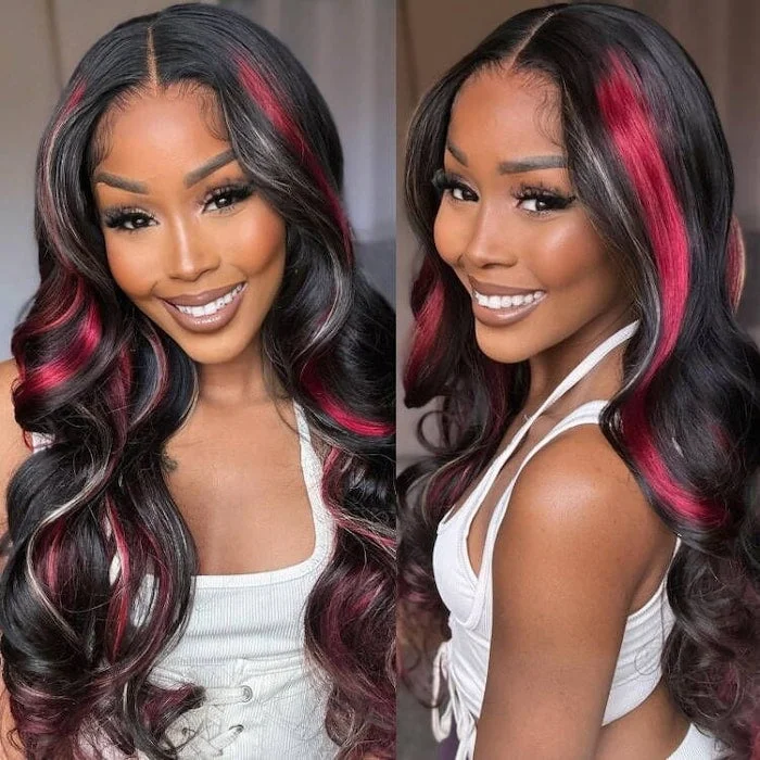 Colored wig with a red - orange hue for a warm and energetic lookMulti Color Highlight Wigs Body Wave 13x4 Lace Front Wigs Black With Blonde Red Streaks