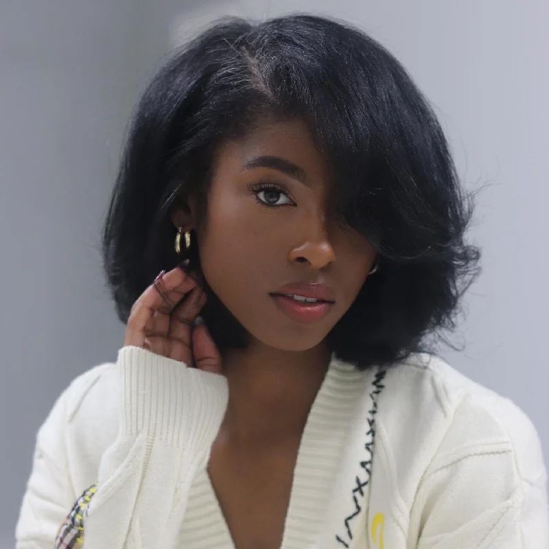 Lace wig with a middle - part for a classic and elegant styleNatural Black Short Layered Wavy Bob Lace Wig