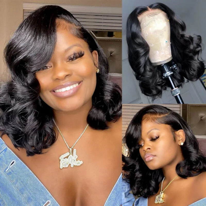 Human - hair wig in a jet - black color for a classic and timeless lookNatural Body Wave Bob Wig Wavy Lace Frontal Wig 100% Virgin Human Hair