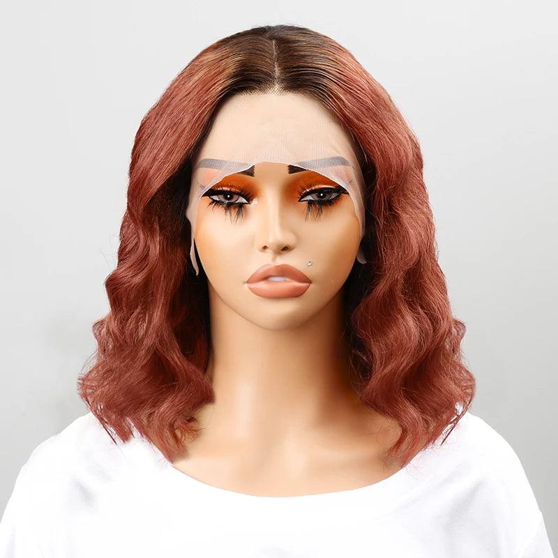 Lace wig with a curly texture for a bold and stylish choice13x4 T-Shape Natural Wave Ombre Orange Bob Wig Lace Frontal Human Hair