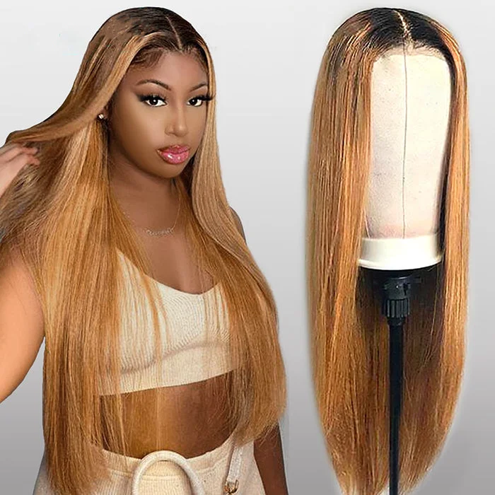 Human - hair wig with a 180 - density for a full and thick appearanceOmbre 1B/30 Brown Color Straight Lace Front 100% Human Hair Wig