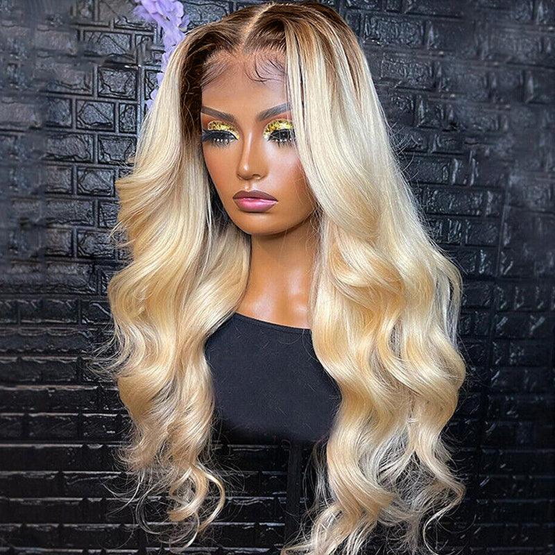 Lace wig with a natural - looking root for a more realistic lookOmbre Blonde Color 13x4 Lace Front Human Hair Wigs Brazilian Body Wave