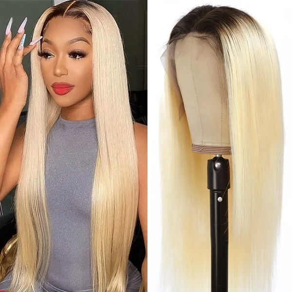 Human - hair wig with a side - part for a more flattering appearance13x4 HD Lace Front Wigs Colored Lace Frontal Wigs Straight Human Hair Wigs 1B/613 Color