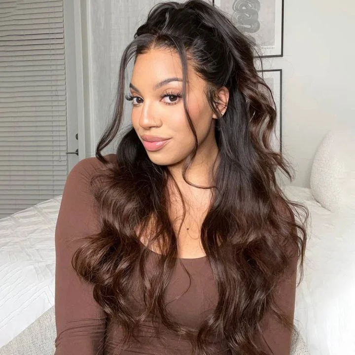 Colored wig with a side - swept bang for a sophisticated lookOmbre Chestnut Brown Body Wave Glueless Wig With Dark Roots Put On & Go 13x4 Pre Cut Lace Front Wig