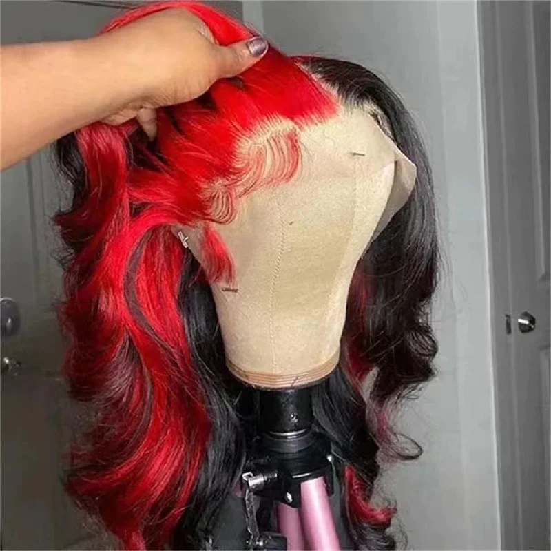 Colored wig with a curly texture for a bold and stylish choiceDachic Hair Ombre Highlight Red Black Colored Wigs HD 13x4Lace Frontal Wig Body Wave Human Hair 180%