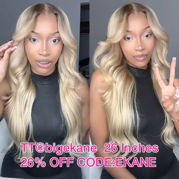 Colored wig with a pre - plucked hairline for a more natural lookCynosure Most Praised Glueless Ash Blonde Highlights Wig #18613 Human Hair Wigs With Dark Roots 14 Inch To 28 Inch