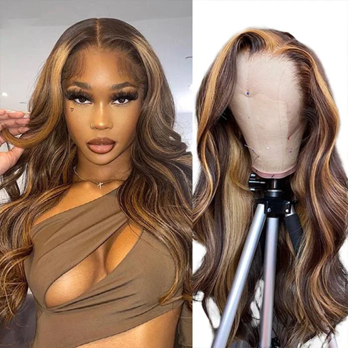 Human - hair wig with a side - swept bang for a sophisticated lookP4/27 Highlight Honey Blonde Body Wave Lace Closure Wigs