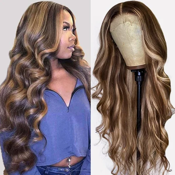 Indian - human - hair wig with a natural - looking shineBalayage Highlight Wig 13x4 Lace Front Wig Body Wave Lace Frontal Human Hair Wigs P4/27