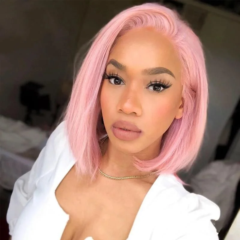 Colored wig with a wispy fringe for a soft and feminine lookPink Bob Lace Wigs Pre-plucked Natural Straight Human Hair Wig For Black Women