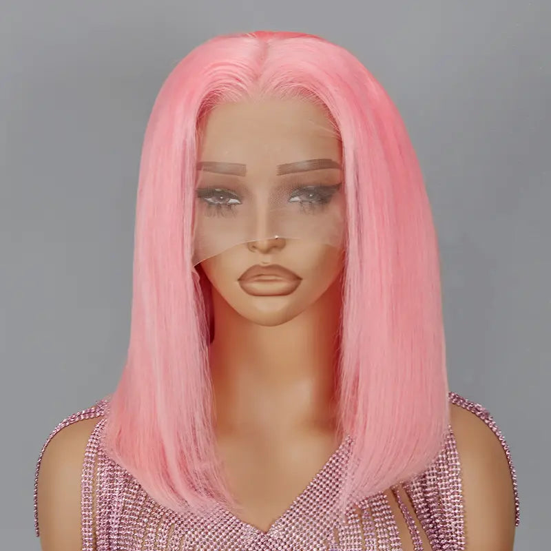 Lace wig in a chocolate - brown color for a rich and warm appearance13x4 Pink Color Bob Wig Straight Lace Frontal Human Hair