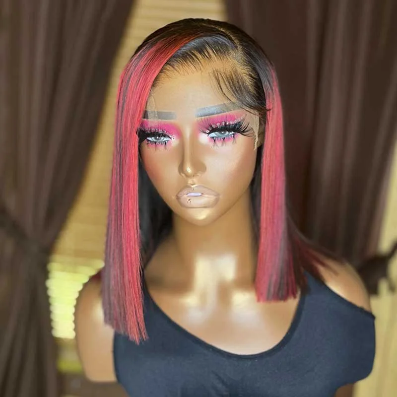 Colored wig with a pre - plucked hairline for a more natural lookCUSTOM WIG| Pink Highlights Short Bob Wigs Human Hair 13x4 Frontal Wigs Pre Plucked Ready To Wear