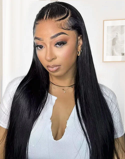 Lace wig with a wavy texture for a beachy lookPre Braided Wig Straight Human Hair 13x4 HD Pre Cut Lace  Frontal Glueless Wigs