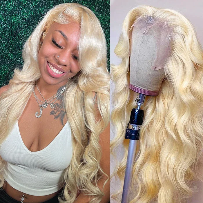 Colored wig with a pre - bleached knot for a natural - looking scalpPre Plucked 613 Blonde Human Hair Wig Body Wave 13x4 HD Glueless Honey Blonde Lace Front Wigs