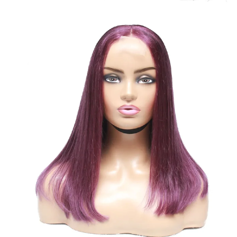 Human - hair wig with a side - swept bang for a sophisticated lookPurple Mid Lenght Pre-Made Lace Closure Wig