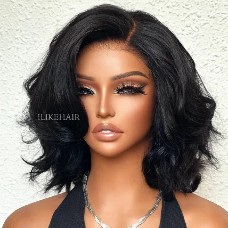 Lace wig with a middle - part for a classic and elegant stylePut on & Go Side Part Layered Fluffy Bob Lace Closure Wig