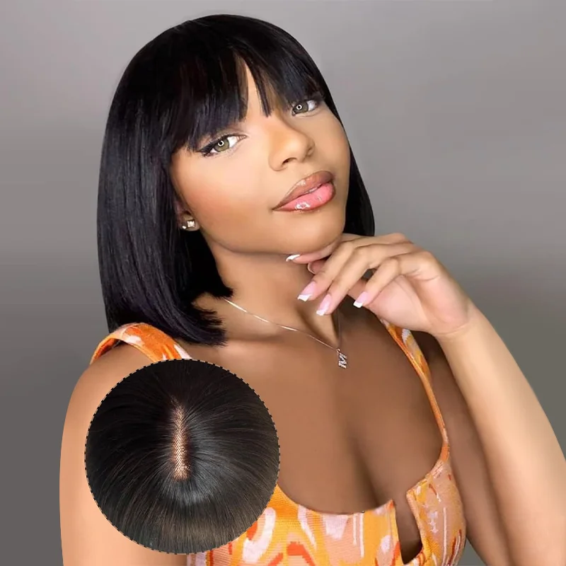 Colored wig with a side - part for a more flattering appearanceRealistic Glueless Natural Black Yaki Straight Bob With Bangs Wig | 100% Human Hair