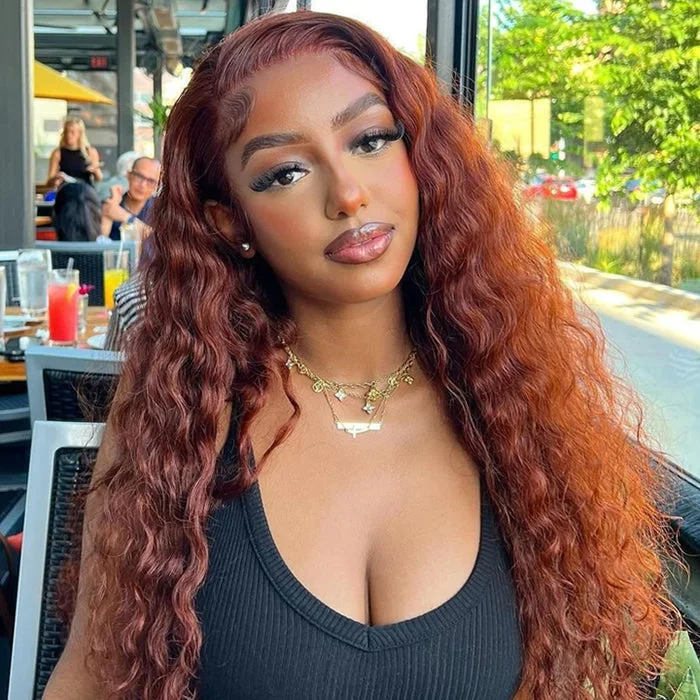 Human - hair wig with a silk - base cap for a comfortable and smooth feelReddish Brown Deep Wave Curly Glueless Lace Front Human Hair Wigs For Women