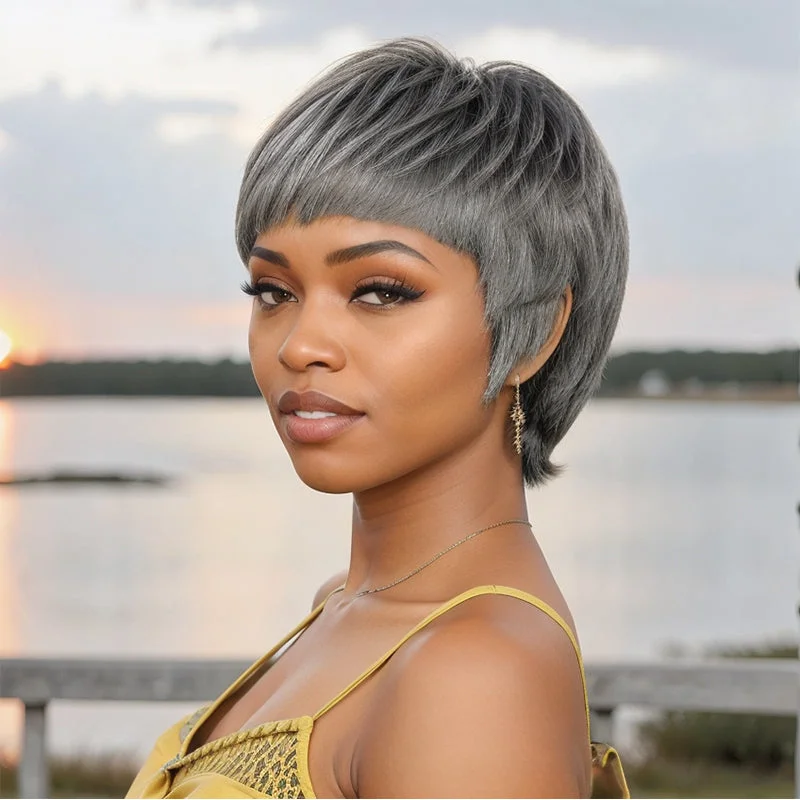 Synthetic colored wig with a heat - resistant formula for easy stylingSalt And Pepper/Honey Blonde Short Pixie Cuts with Bangs Mullet Wigs