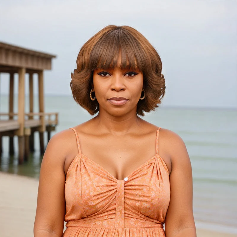 Colored wig with a pre - bleached knot for a natural - looking scalpShort Black /Light Brown Bob Wig with Bangs Body Deep Wave Natural Remy Human Hair Wig