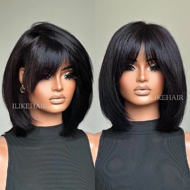 Lace wig with a pre - plucked hairline for a more natural lookShort Face-Framing Layered Cut Straight Lace Closure Wig With Bangs