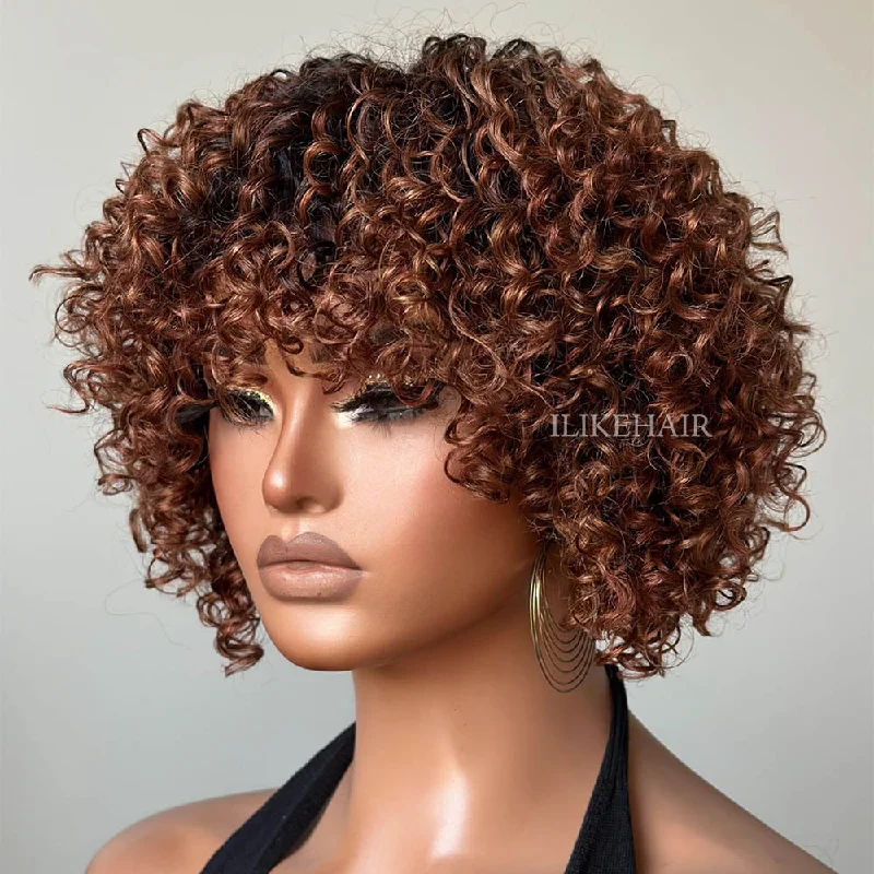 Colored wig with a curly texture for a bold and stylish choiceShort Ombre Chestnut Brown Curly Bob Wig With Bangs Beginner Friendly