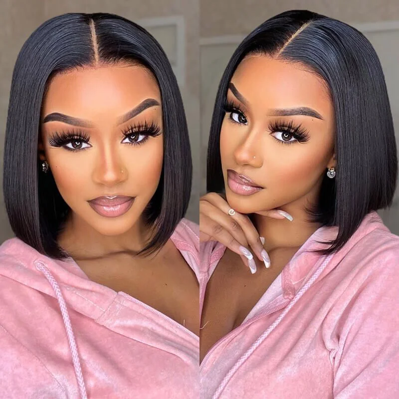 Human - hair wig with a natural - looking root for a more realistic lookShort Yaki Straight Bob 5x5/13x6 HD Transparent Lace Frontal Wig 100% Human Hair