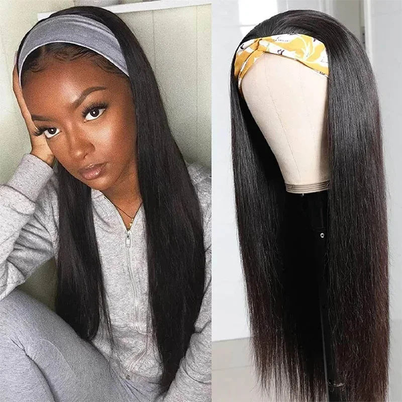 Human - hair wig in a jet - black color for a classic and timeless lookSilky Straight HeadBand Wigs Human Hair Glueless None Lace Wigs For Black Women 10A Grade 180% Density