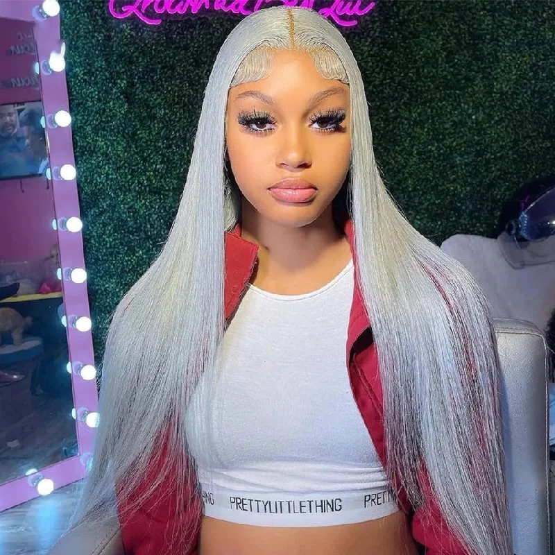 Colored wig with a silk - base cap for a comfortable and smooth feelHot Star 210% Density Silver Gray Colored 13x6 Lace Front Human Hair Wigs Transparent 13x4 Straight Lace Frontal Wig For Women