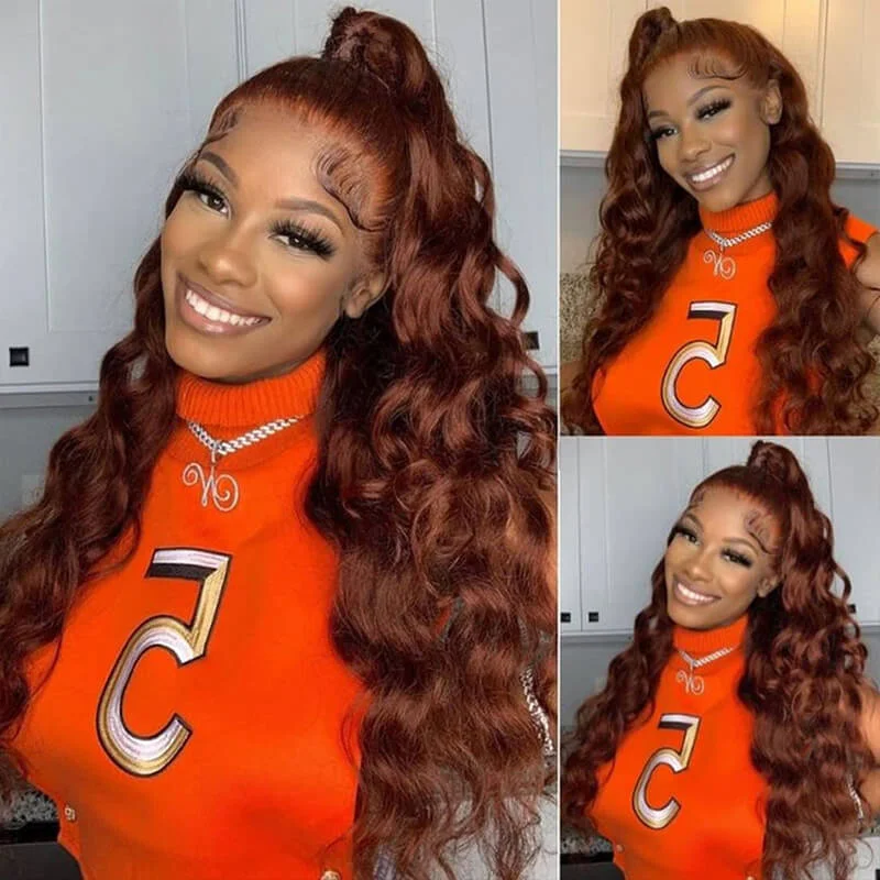 Colored wig with a straight texture for a sleek and minimalist lookSkin Melt HD Lace Wigs #33 Reddish Brown Body Wave 13x4 Lace Front  Human Hair Wigs