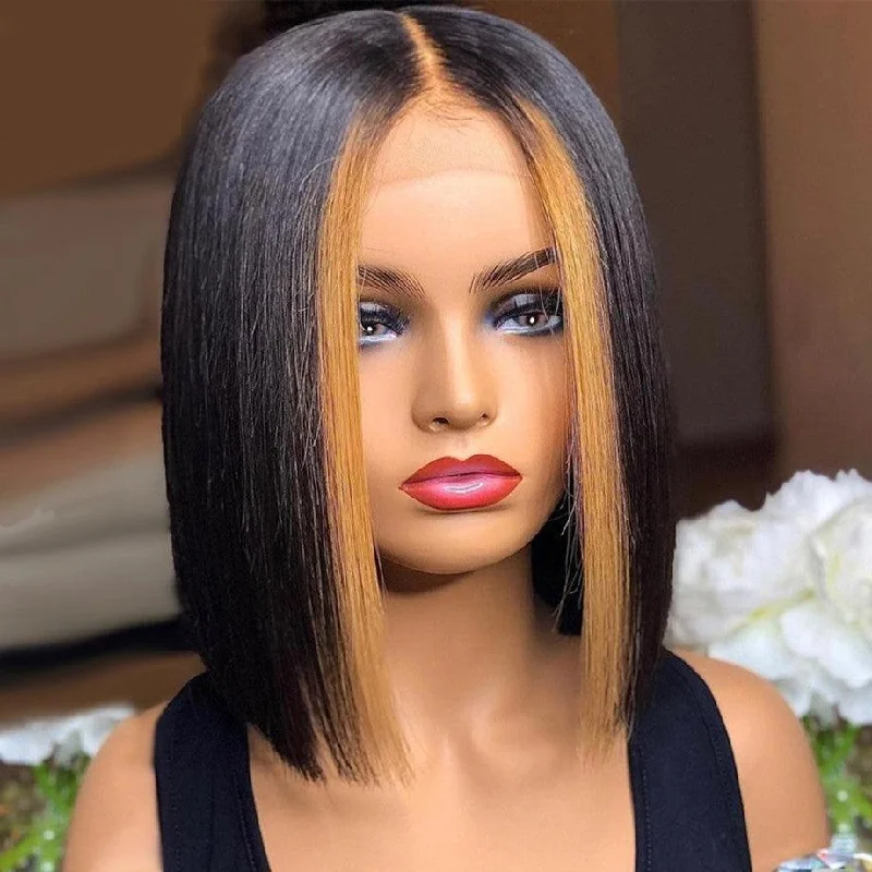 Lace wig in a chocolate - brown color for a rich and warm appearanceSkunk Stripe Brown Highlight Color Short 13x4 Lace Front Bob Wig Straight Hair