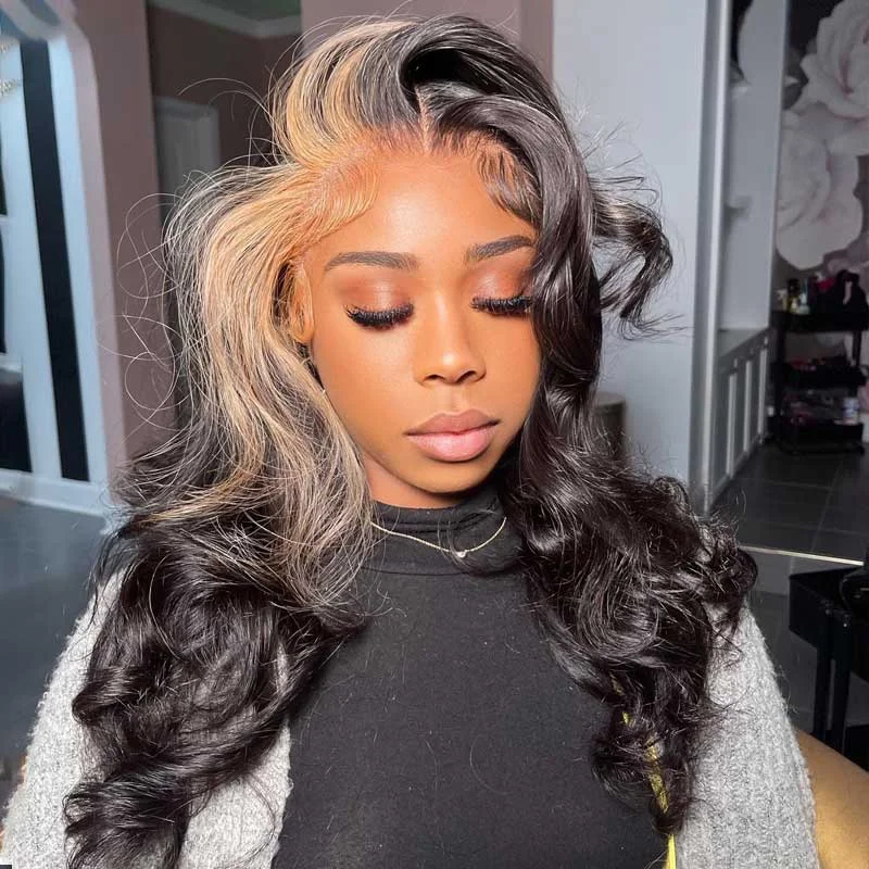 Colored wig with a side - swept bang for a sophisticated lookSkunk Stripe Wig With Honey Blonde Highlights Body Wave Human Hair Lace Frontal Wig