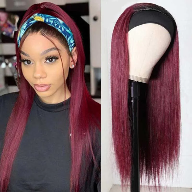 Colored wig with a 150 - density for a full and thick appearanceStraight Hair Headband Wigs Color 99J Burgundy Human Hair Glueless Wigs