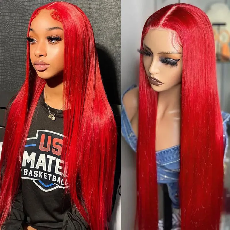 Colored wig with a middle - part for a classic and elegant styleSUPER DEAL ! Ekane Pick Hot Star Red Colored 13x6 Transparent HD Lace Front Human Hair Wigs