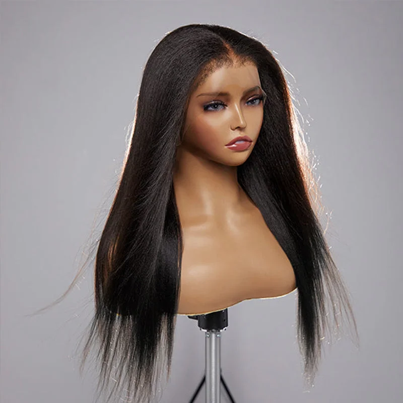 Indian - human - hair wig with a natural - looking shineCurly Edges Hairline Glueless Yaki Straight 13x4/13x6 Lace Frontal Wigs