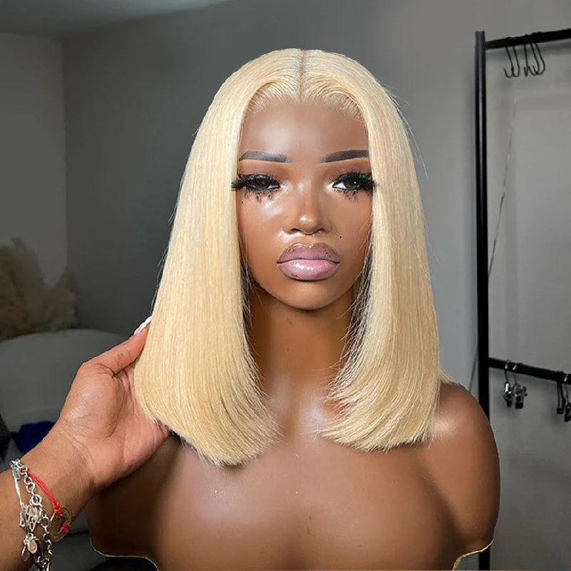 Lace wig with a middle - part for a classic and elegant styleUpgrade Wear & Go Glueless 613# Blonde Bob Wig 5x5 Straight HD Lace Closure Wig