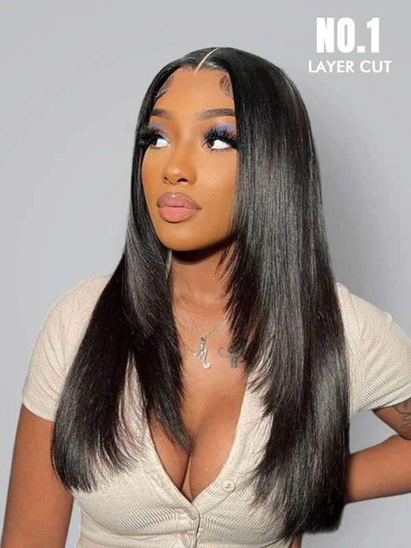 Lace wig in a chocolate - brown color for a rich and warm appearanceFlash Sale Wavymy TikTok Viral Layered Cut Pre-bleached Wear Go Wigs 180% Density Straight  4x6 HD Lace Closure Wigs 100% Human Hair