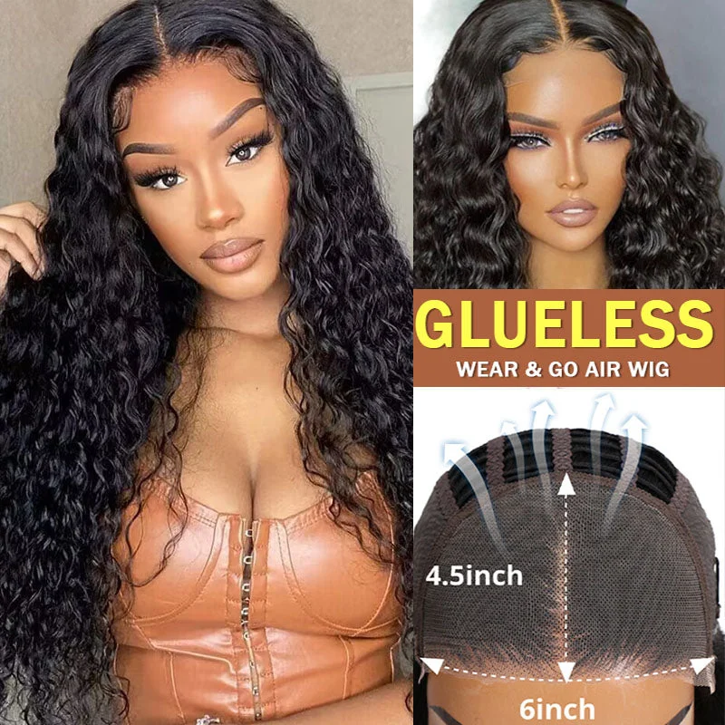 Human - hair wig with a pre - plucked hairline for a more natural lookWear & Go | 6x4.5 Glueless Wig Deep Wave / Water Wave / Curly Wave Quick & Easy Glueless Lace Wig With Breathable Cap Air Wig