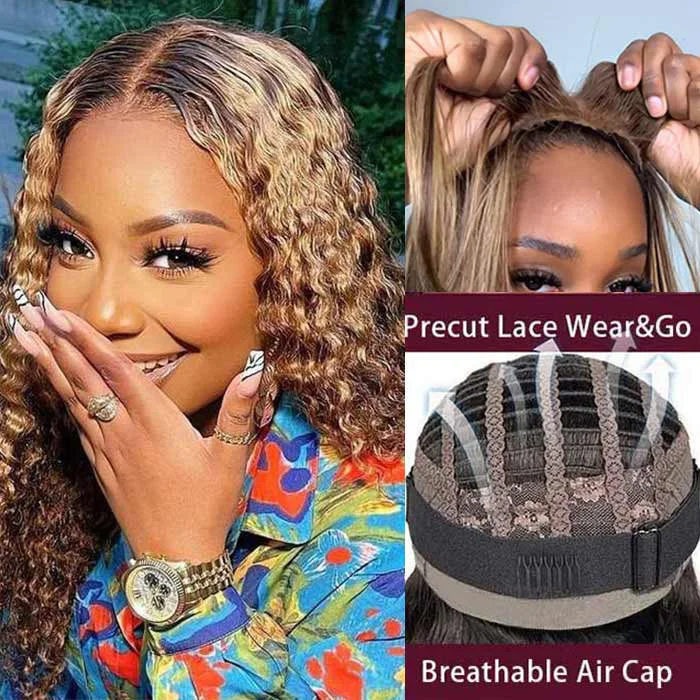 Peruvian - human - hair wig with a soft and manageable feelWear GO Air Cap P4/27 Highlight Deep Wave Curly Wig