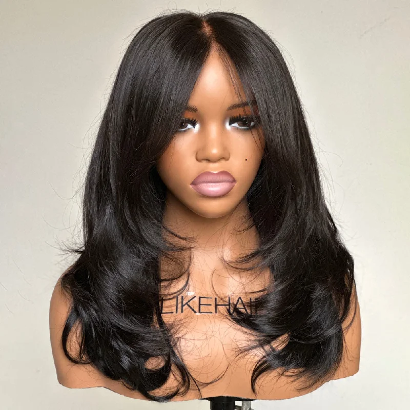 Lace wig with a platinum - blonde color for a bold and trendy lookPut on & Go Layered Wavy Curtain Bangs Pre Cut Lace Closure Wig