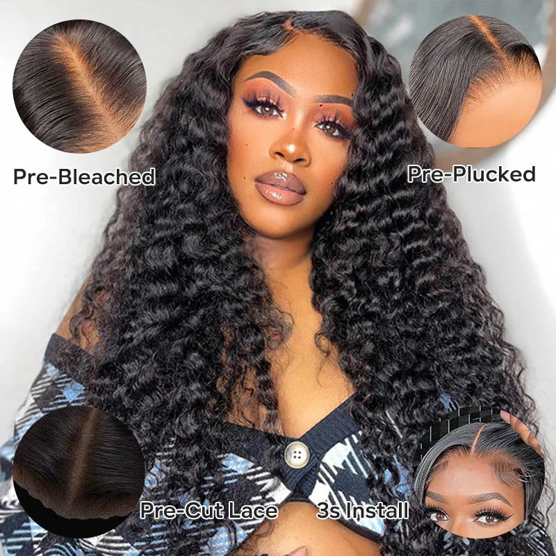 Human - hair wig with a pre - bleached knot for a natural - looking scalpWear & Go | Pre-Bleached Deep Wave Glueless Lace Wig Dome Cap Wigs