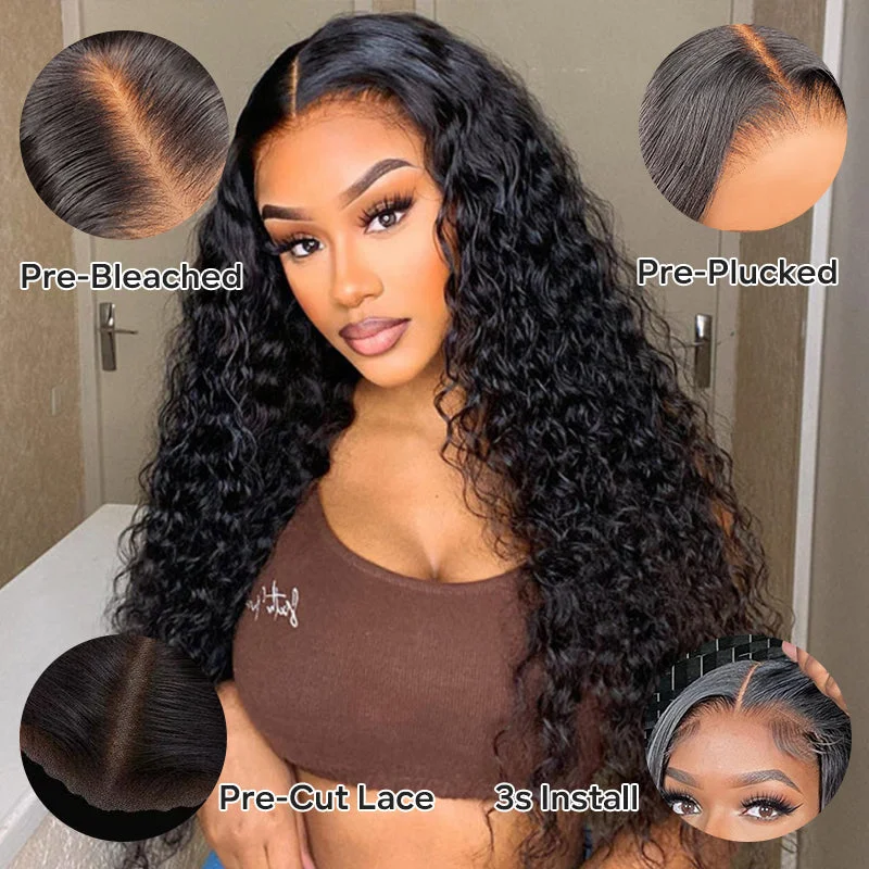 Human - hair wig in a jet - black color for a classic and timeless lookWear & Go | Pre-Bleached Water Wave Glueless Invisible Lace Wig Dome Cap Wigs