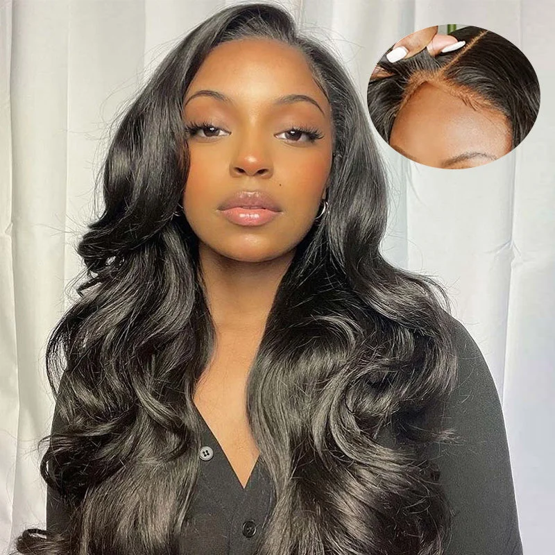 Human - hair wig with a wispy fringe for a soft and feminine lookWear & Go | Pre-Bleached Body Wave Glueless Invisible Lace Closure Dome Cap Wigs