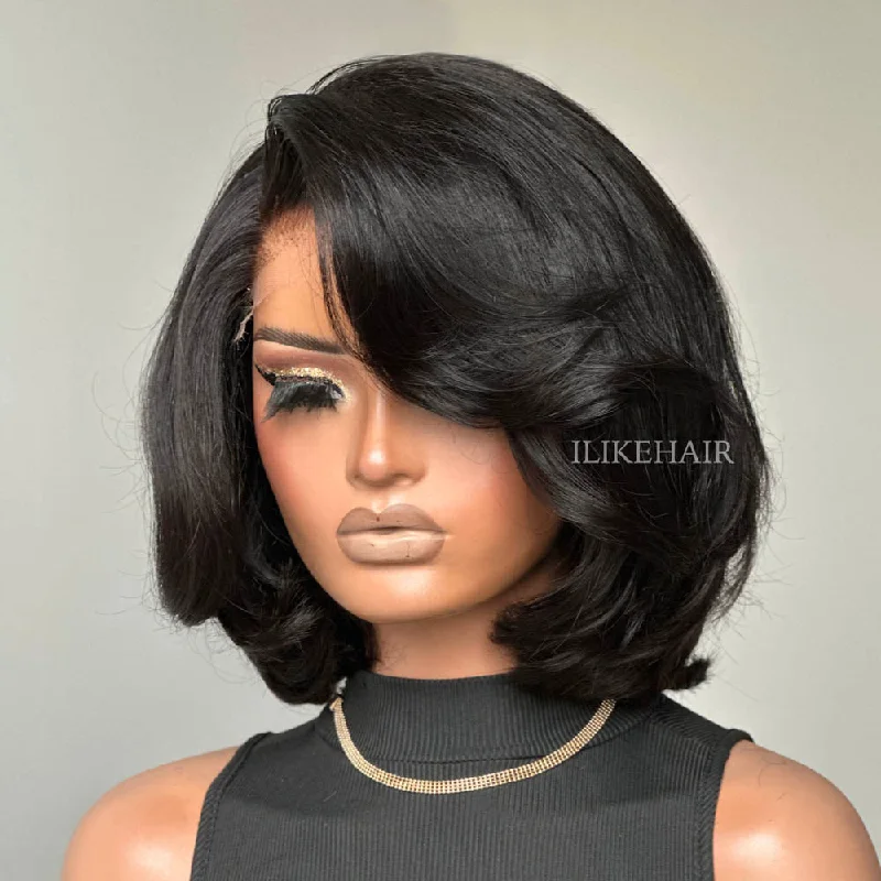 Lace wig with a wavy texture for a beachy lookPut on & Go Short Cut Layered Bob 5x5 Lace Closure Wig