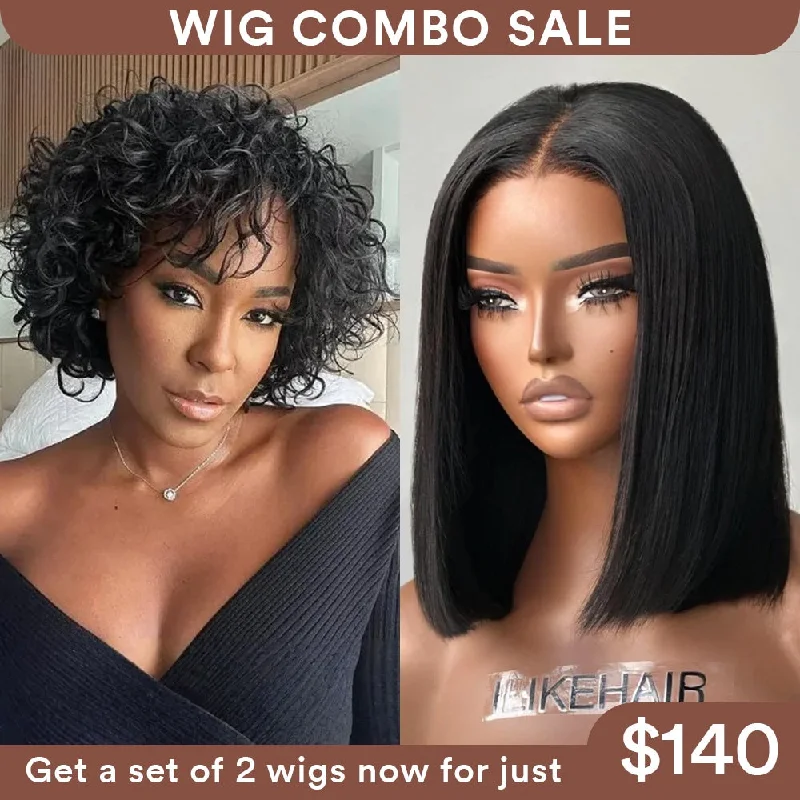 Colored wig with a wavy texture for a beachy and fun lookWig Combo 10-Pixie Curly Wig+Straight Bob Wig