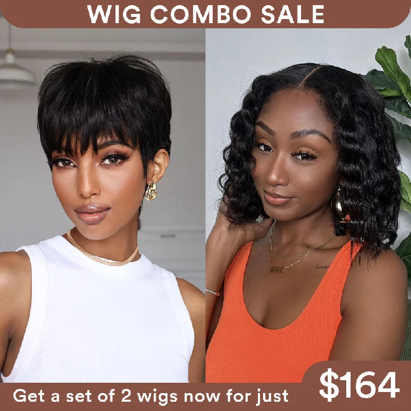 Colored wig with a silk - base cap for a comfortable and smooth feelWig Combo 11-Pixie Wig+ Wavy Kinky Edges Bob Wig