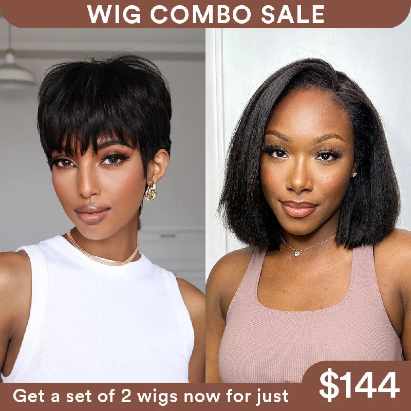 Adjustable - cap colored wig for a comfortable fitWig Combo 12-Pixie Wig+ Kinky Straight with Kinky Edges Bob Wig