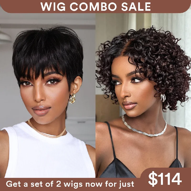 Colored wig with a straight texture for a sleek and minimalist lookWig Combo 3-Pixie Wig+Ombre Curly Wig