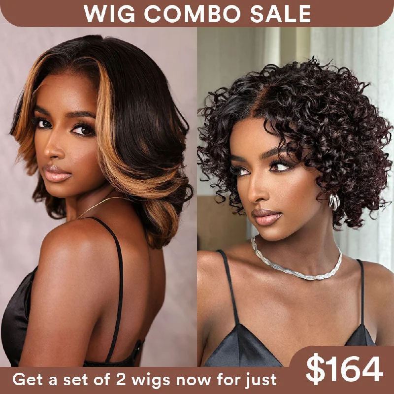 Colored wig with a side - swept bang for a sophisticated lookWig Combo 4-Honey Blonde Highlights Wig+Ombre Curly Wig