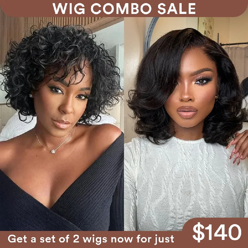 Colored wig with a wavy texture for a beachy and fun lookWig Combo 6-Pixie Curly Wig+Designer Layered Bob Wig