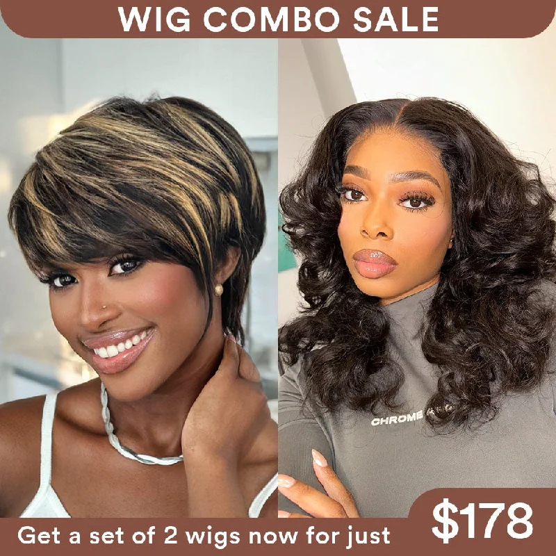 Colored wig with a pre - plucked hairline for a more natural lookWig Combo 7-Pixie Highlight Wig+Designer Layered Wavy Wig